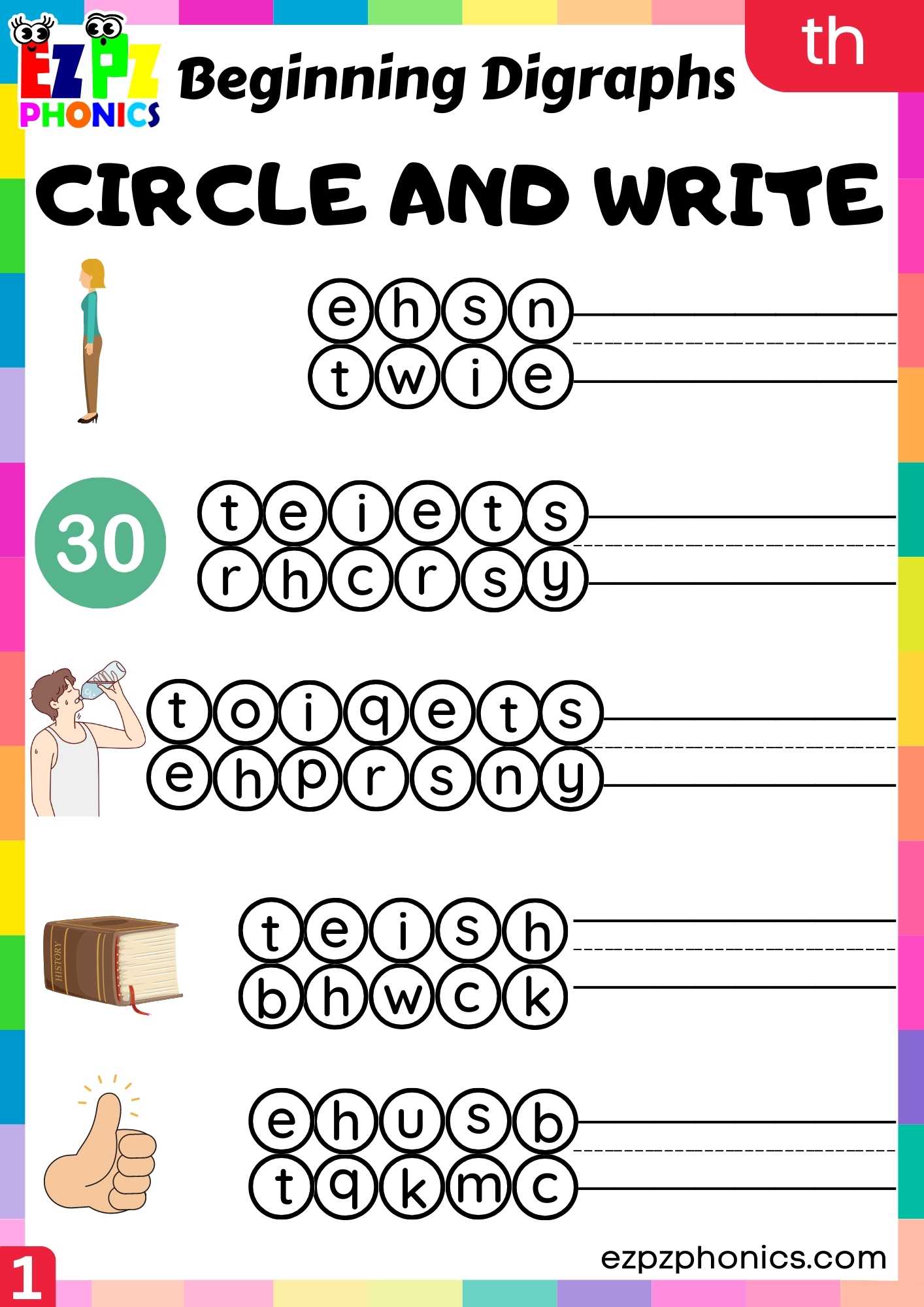Group1 TH Words Circle And Write Consonant Digraphs Phonics Beginning Worksheet